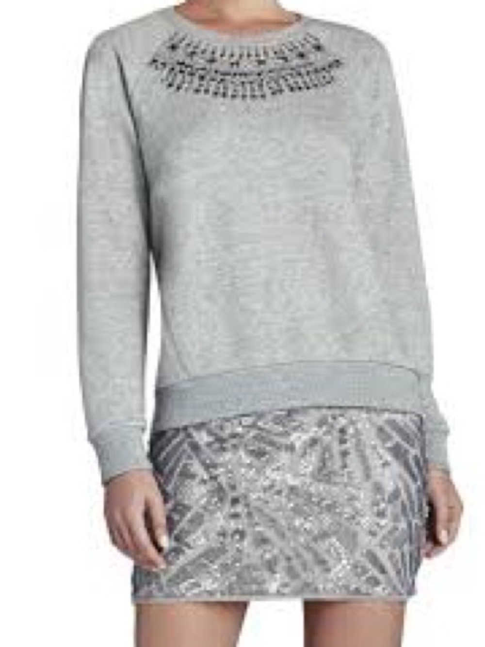 BCBGMaxAzria Light Gray Jeweled Crew Neck Sweatshirt Size M